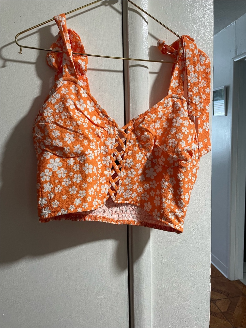 SHEIN Orange Floral Lace-Up Crop Top